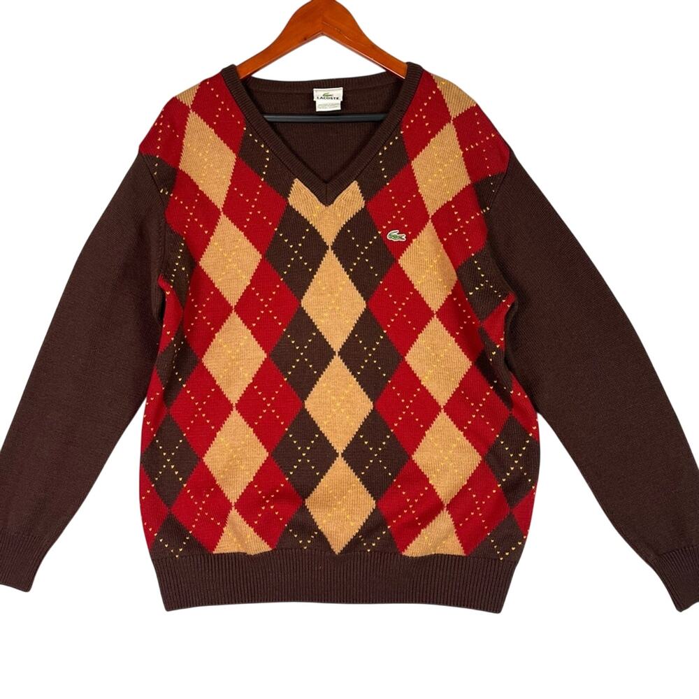 Vintage Lacoste Merino Wool Argyle Sweater Mens 5/Large V Neck Preppy Academia